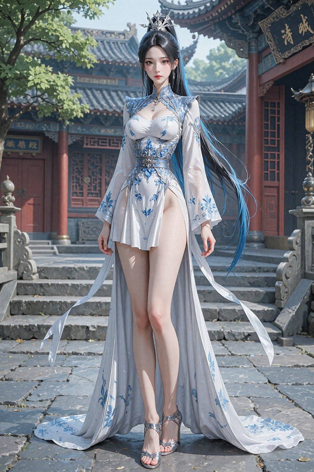 This is a highly detailed CGI image of an East Asian woman standing in a traditional Chinese temple courtyard. She has lon...