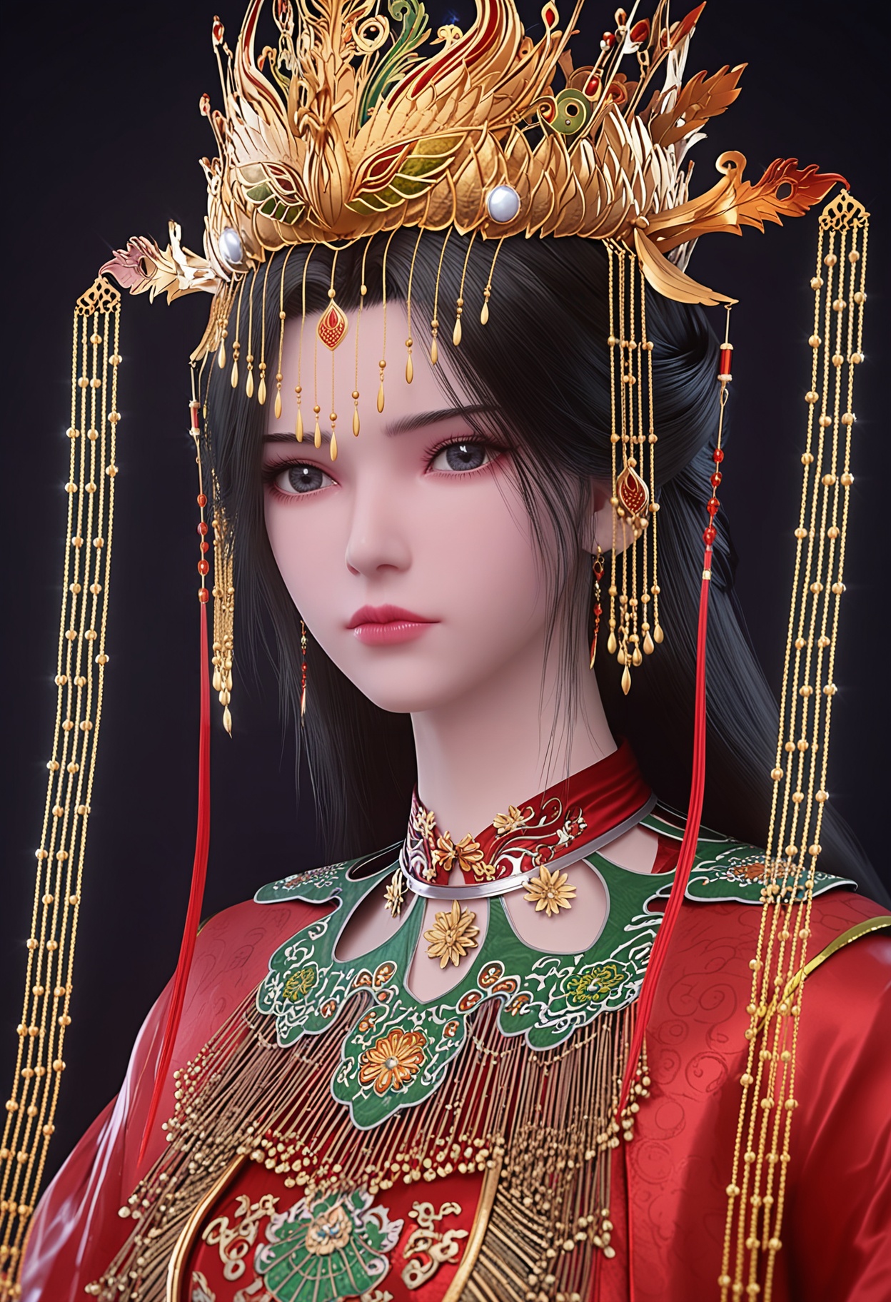 score_9,looking_at_viewer,large breasts,1girl,solo,long hair,chinese clothes,jewelry,hair ornament,black hair,dress,closed mouth,red dress,earrings,crown,realistic,long sleeves,brown hair,expressionless,tiara,wide sleeves,headdress,(simple background,pure black background,black background:1.1),perfect_anatomy,<lora:QQSponylimuwanhunfu:0.8>,