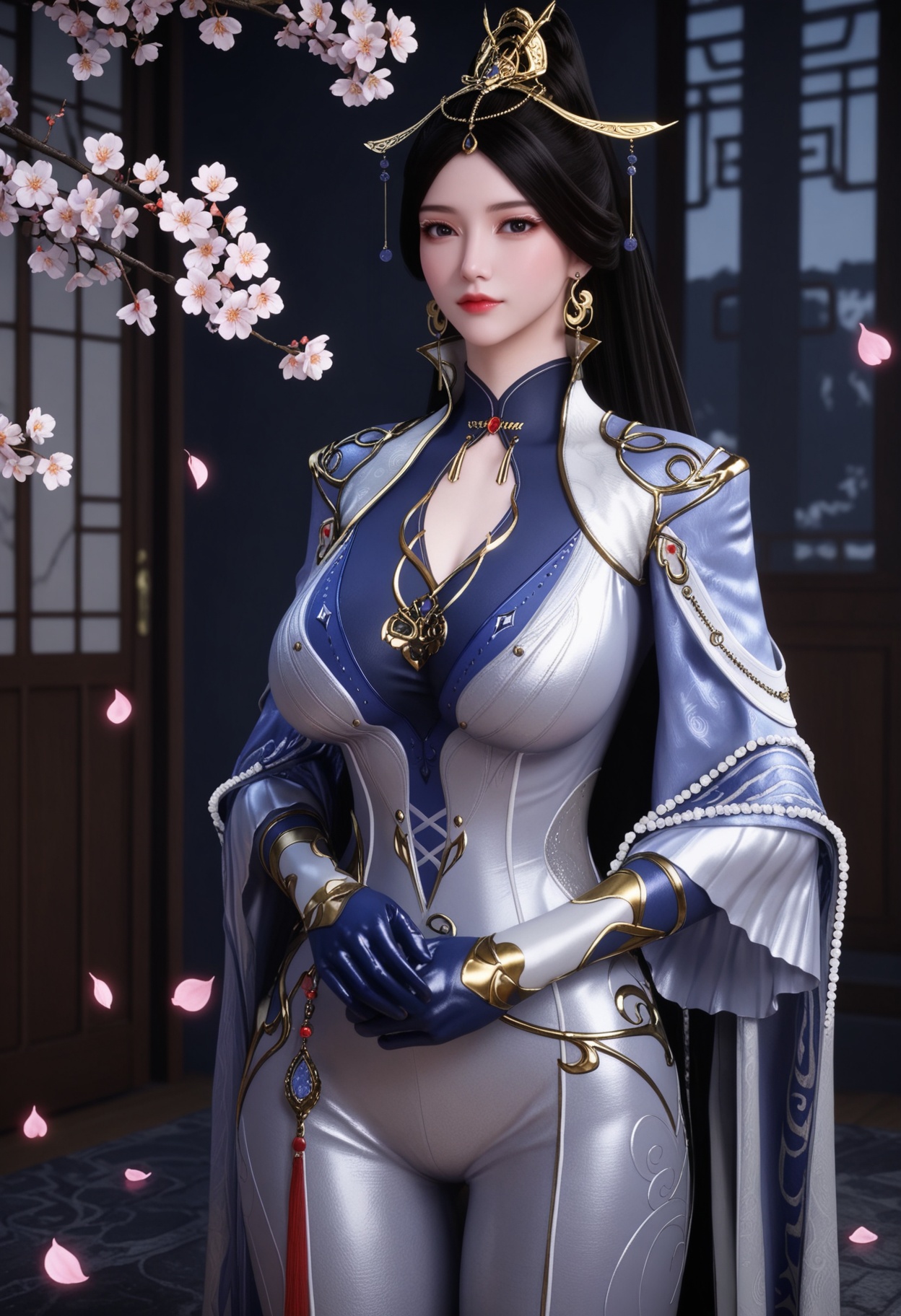 (full_body:1.2),(gigantic breasts:0.6),Perky boobs,(looking at viewer:1.1),facing viewer,direct gaze,(masterpiece:1.1),(best quality:1.2),(intricate details),(smog:1.3),(Dark room:1.3),(dim lighting:1.3),peach blossom,falling petals,<lora:YQ_Illustrious光辉v5_秋清儿_V1:0.8>,1girl,q1528437228,solo,black hair,jewelry,earrings,long hair,hair ornament,ponytail,dress,gloves,chinese clothes,bodysuit,black eyes,cape,high heels,pantyhose,masterpiece,(best quality),(intricate details:0.9) BREAK (intricate details:0.9),(realistic skin:1.2),masterpiece,best quality,newest,absurdres,hiahres,