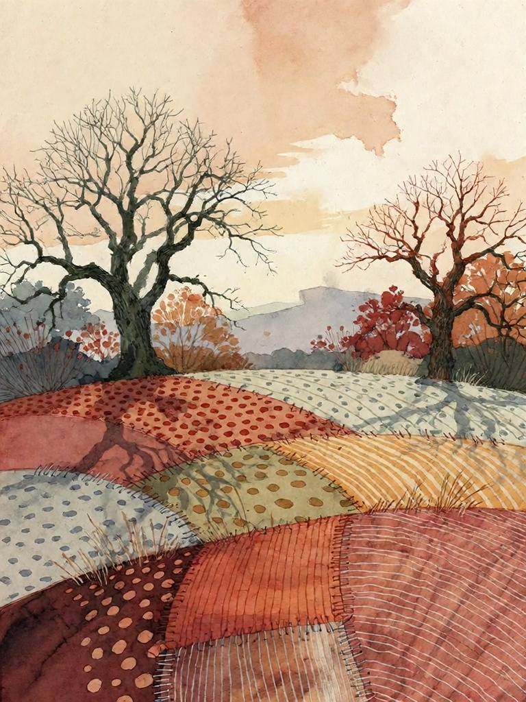 Bradhamel art style.The image is a patchwork-style landscape with stylized,  bare-branched trees silhouetted against a pal...