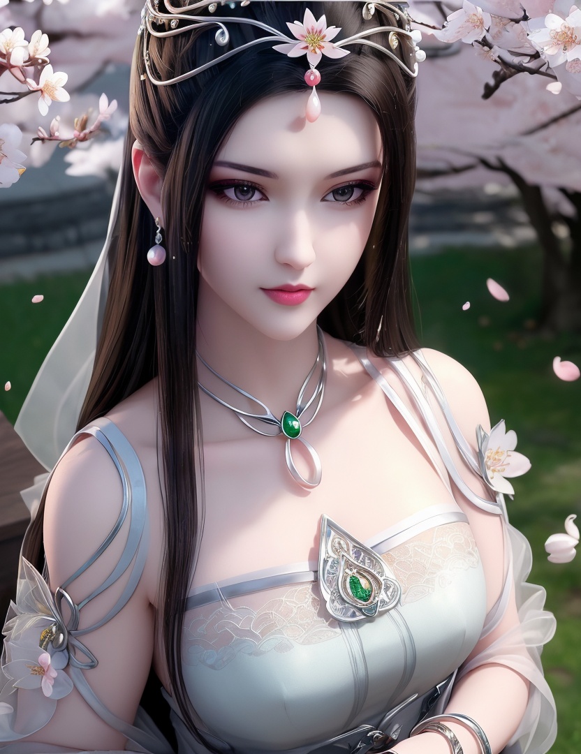 ultra realistic 8k cg, picture-perfect face, flawless, clean, masterpiece, professional artwork, famous artwork, cinematic lighting, cinematic bloom, perfect face, beautiful face, fantasy, dreamlike, unreal, science fiction,   lace, lace trim, lace-trimmed legwear,  (rich:1.4), prestige, luxury, jewelry, diamond, gold, pearl, gem, sapphire, ruby, emerald, intricate detail, delicate pattern, charming, alluring, seductive, erotic, enchanting, hair ornament, necklace, earrings, bracelet, armlet,halo((,1girl, pov,))  , ((((1girl, solo, ,cherry blossoms,outdoors, ))))<lora:DA_LinQingZhu:0.7>