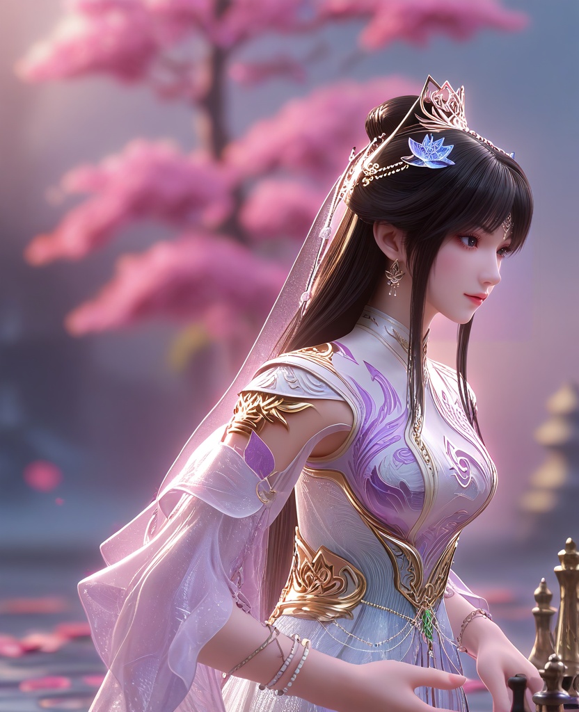 (playing chess:1.1),(large breasts:1.2),<lora:XL16云深不知梦云珞璇魂体:0.95>,miss yunluoxuan,white dress,black hair,long hair,hair ornament,earrings,jewelry,hair bun,bracelet,lotus throne,, score_9,score_8_up,score_7_up,score_6_up,score_5_up,score_4_up,3d rendering,tag1,tag2, Cinematic Lighting,backlighting,