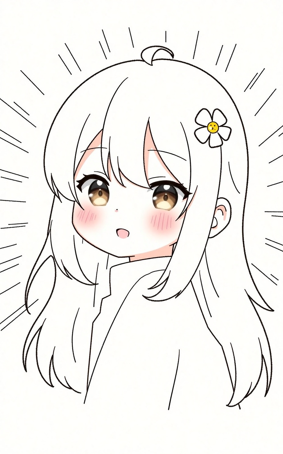 Hand-drawn comics,Hand-drawn comics,black and white line-patterned ( sfw, hair ornament, hair flower, brown eyes, looking at viewer, 1girl, solo, original, flower, eyebrows visible through hair, long hair, bangs, hair between eyes, ahoge, upper body, blush, from side, light rays, light, hair over one eye, closed mouth, white hair, upper teeth, teeth, smile, looking to the side, profile ),