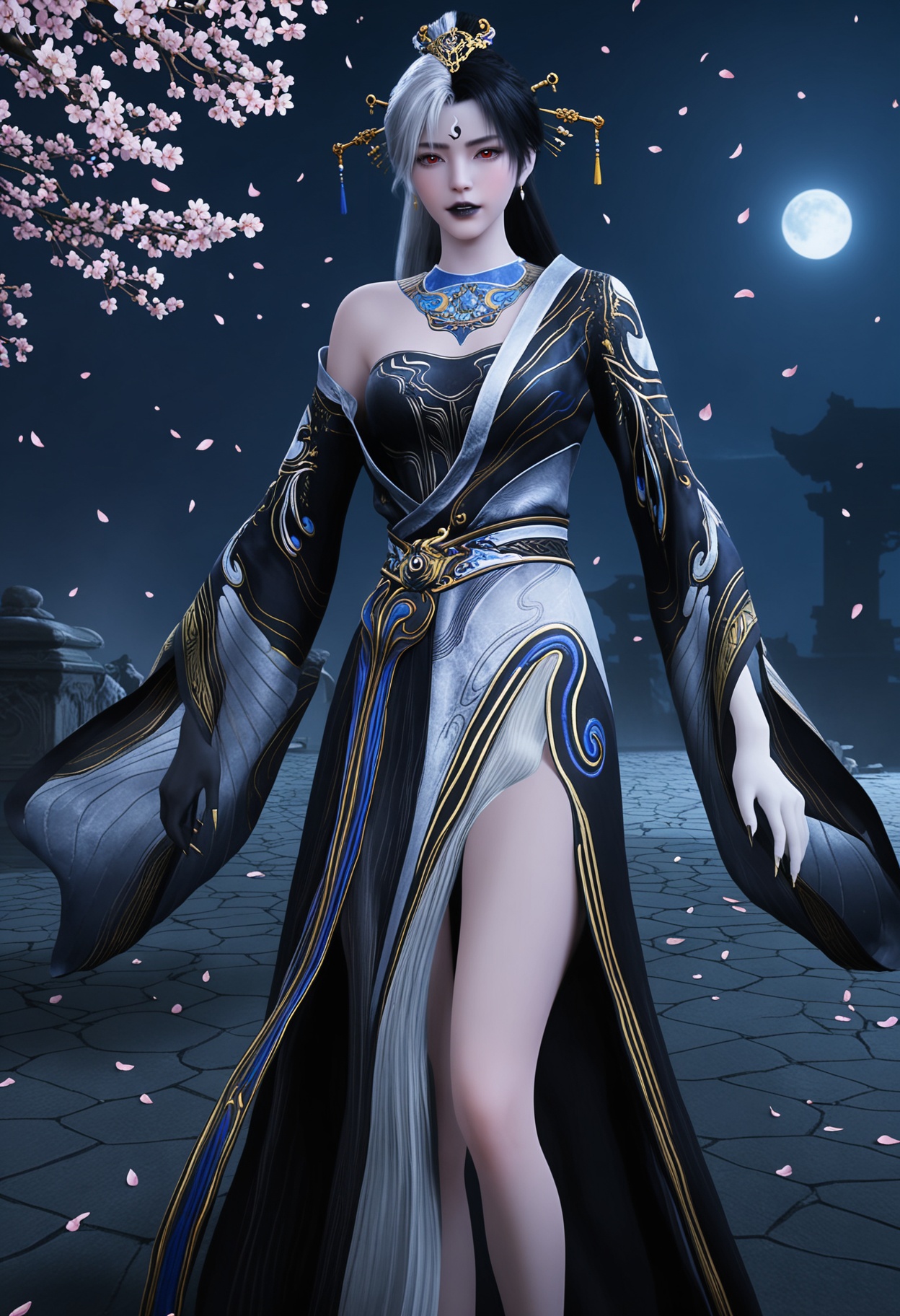 (standing full_body:1.1),(looking at viewer:1.1),masterpiece,(best quality),smog,Dark room,dim lighting,peach blossom,falling petals,<lora:YQ_Illustrious光辉v5_阴阳教圣女_V1:0.8>,q1528437228,1girl,dress,solo,hair ornament,long hair,jewelry,black hair,earrings,white hair,forehead mark,red eyes,hair stick,multicolored hair,two-tone hair,forehead jewel,hair bun,wide sleeves,long sleeves,black dress,gloves,grey hair,blue dress,chinese clothes,black gloves,sash,single hair bun,black lips,necklace,short hair,black footwear,fingernails,sharp fingernails,blue hair,colored skin,shoes,black nails,