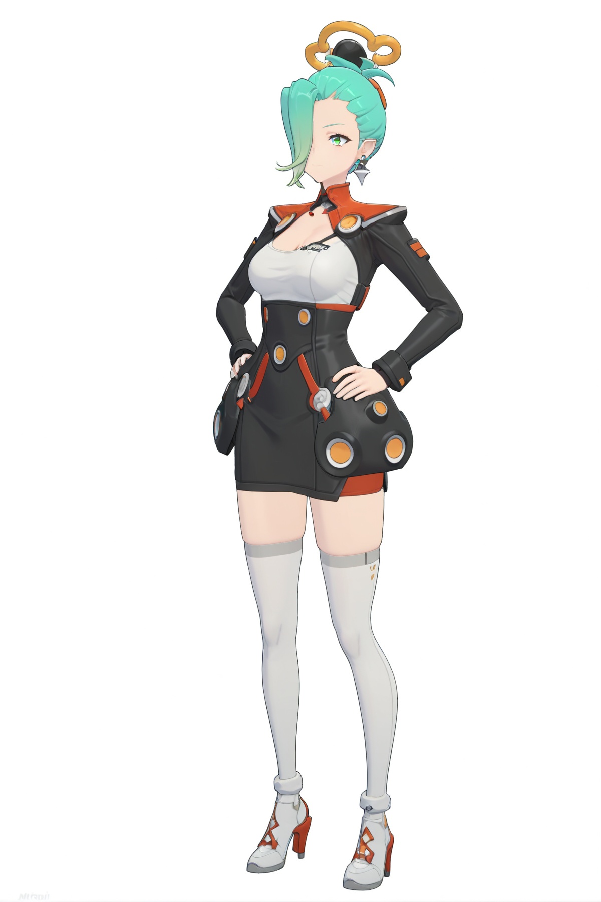 score_9, score_8_up, score_7_up, score_anime, 8k, best quality, masterpiece, (ultra-detailed), (white background:1.1), solo, hands on hip, (full body:1.1), <lora:zzzstyle-pony-Tanger:0.8>, laiyi, laiyi's def clothes, zzz style, green hair, 1girl, cleavage, white thighhighs, long sleeves, thighhighs, breasts, green eye, earrings, (hair over one eye:1.2), high heels, 