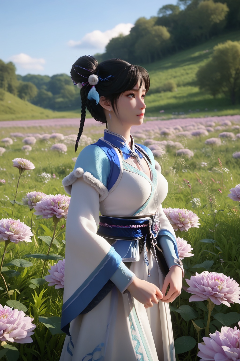 (Standing in a field of wildflowers, she raises her arms, embracing the beauty of nature:1.2),looking at viewer,<lora:XL16神国之上宁小龄:0.85>,preteen girl,white dress,blue bolero,black hair,braid,double bun,hair ornament,jewelry,sash,necklace,(large breasts:1.2),short dress,tree,flower,pink_flower,water,stone,flowers_Surrounded,pondel,, score_9,score_8_up,score_7_up,score_6_up,score_5_up,score_4_up,3d rendering,tag1,tag2, Cinematic Lighting,backlighting,