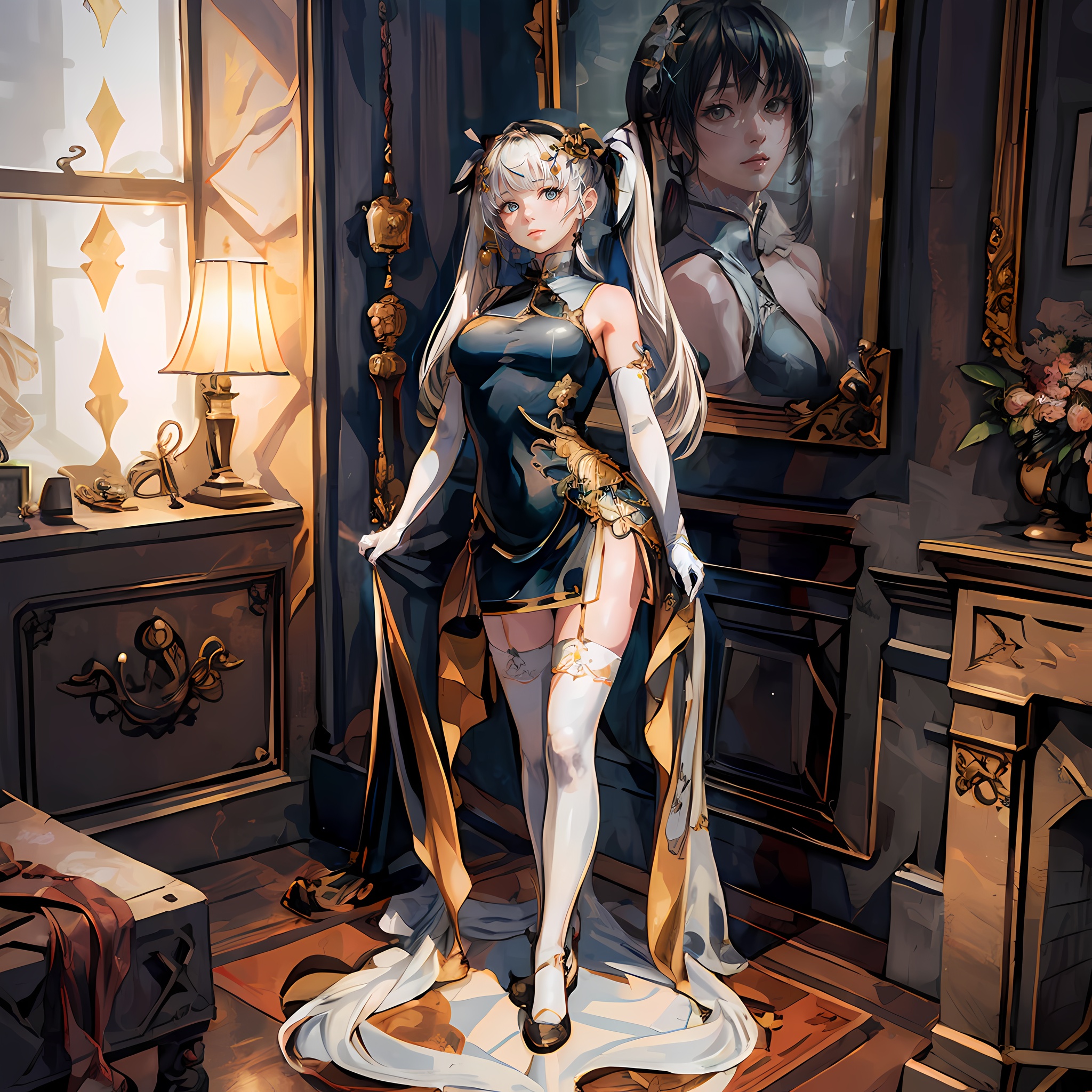 best quality, quality, masterpiece, (photorealistic:1.4), 1girl, kasugano sora, long white hair, twintails, hair ribbon, hair ornament, china dress, elbow gloves, thighhighs, holding stuffed toy, standing, full body, looking at viewer, detailed background, indoors, luxury decorations, window, dramatic lighting,<lora:KKhoutu_text_1:0.7>