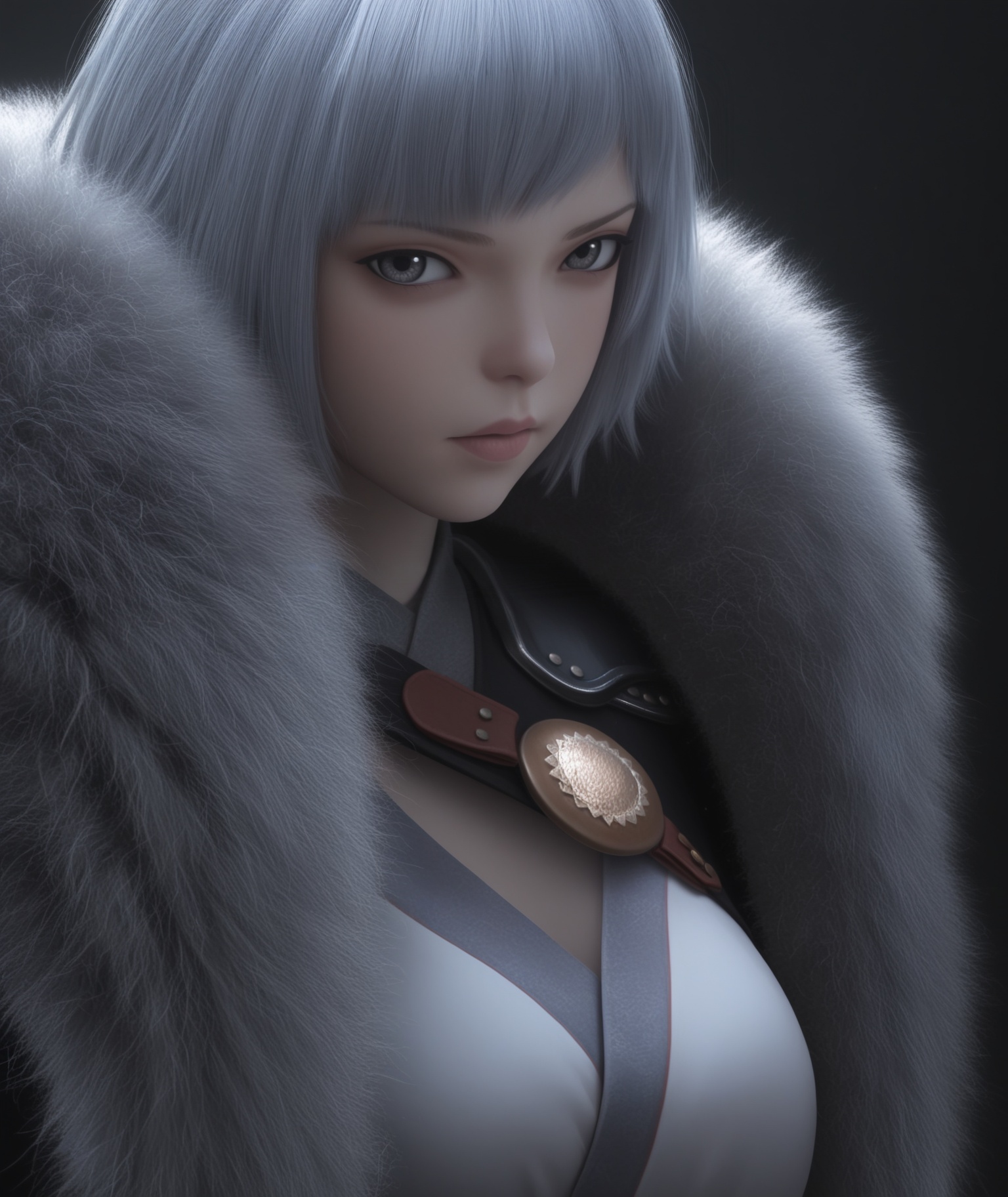 (score_9),masterpiece,best quality,absurdres,highres,(white_skin),(Ivory_skin),light_skin,BREAK<lora:白月魁-ill:0.8>,name\(byk\),1girl,solo,short hair,grey hair,grey eyes,fur trim,single pauldron,cape,BREAKlooking at viewer,front view,fighting stance,upper body,eye focus, BREAKsimple background,black background,