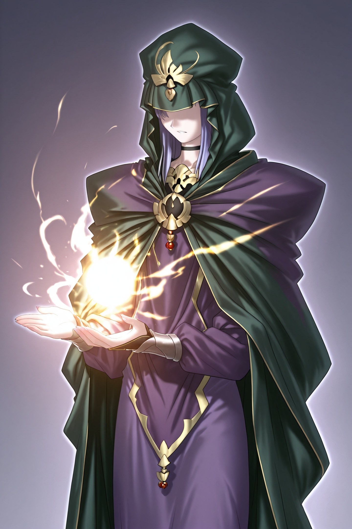 Fate stay night Style,medea \(fate\),1girl,solo,pointy ears,magic,hood,cloak,dress,long hair,purple hair,cape,<lora:Fate stay night_illustriousXL:1>,