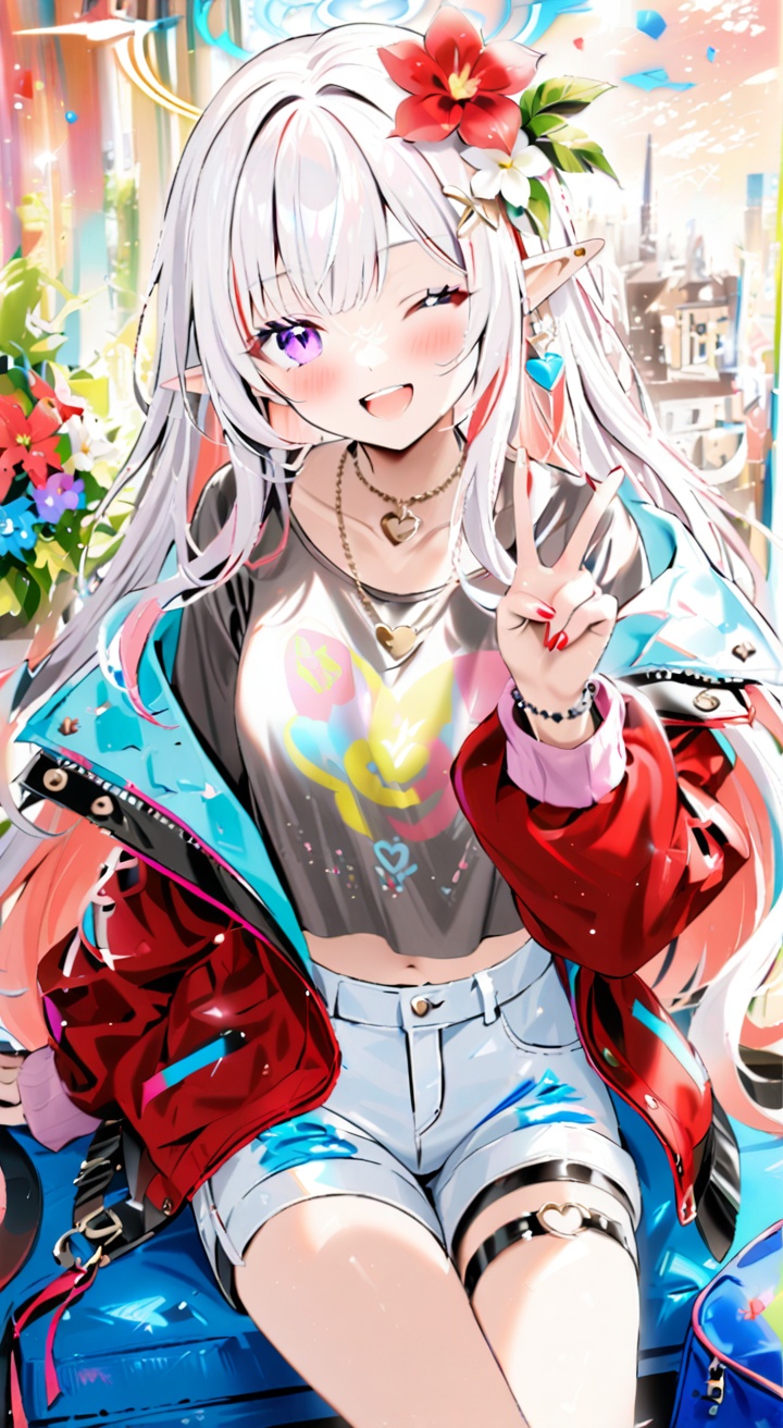 1girl,solo,jacket,one eye closed,pointy ears,flower,shorts,hair ornament,jewelry,long hair,sitting,shirt,hair flower,smile,purple eyes,open jacket,looking at viewer,black shirt,d,red jacket,thigh strap,necklace,halo,v,open clothes,open mouth,white hair,long sleeves,nail polish,off shoulder,bag,red nails,thighs,white flower,food,short shorts,midriff,navel,collarbone,white shorts,cake,earrings,crop top,breasts,bangs,very long hair,hand up,bracelet,elf,blush,