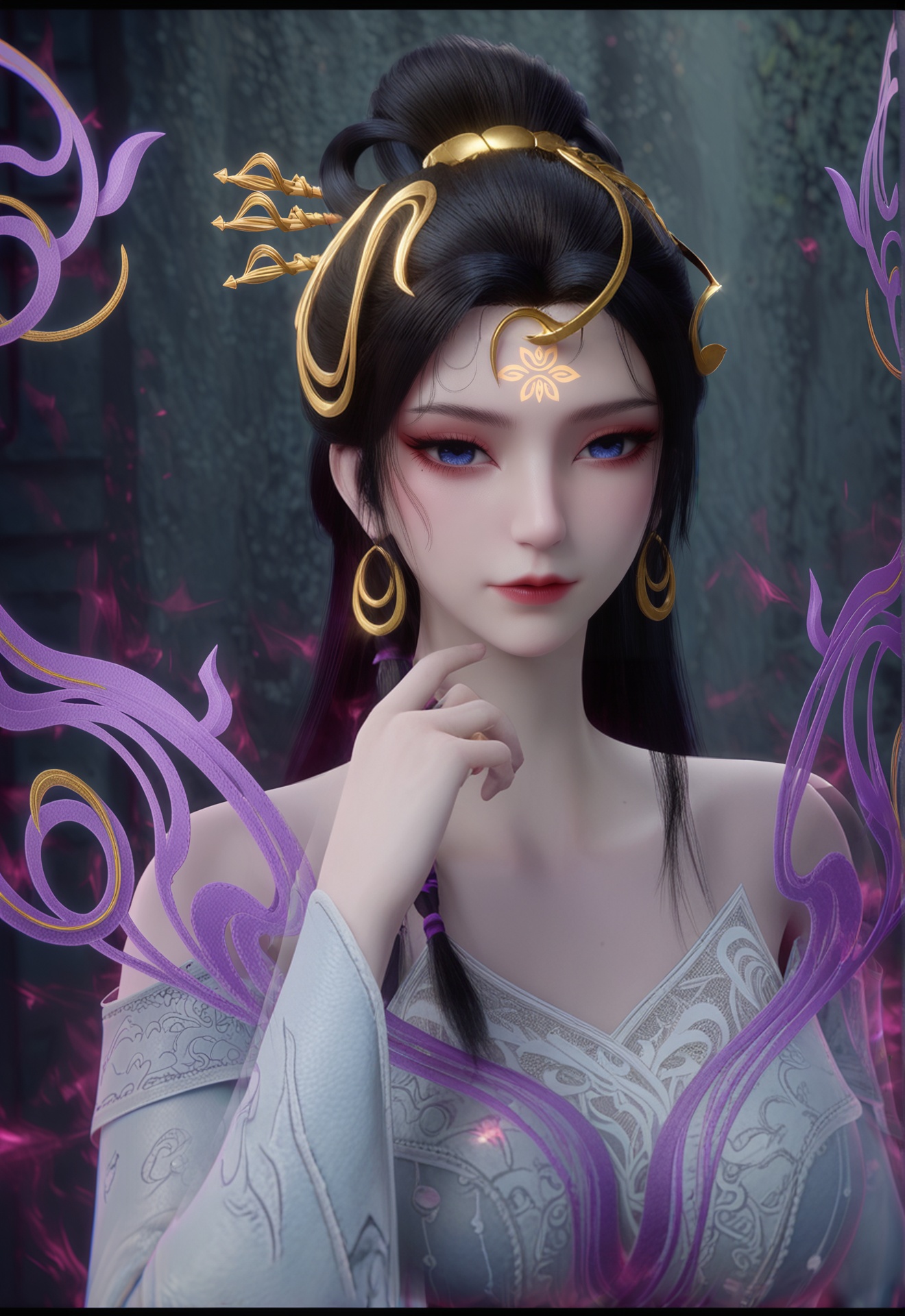 score_9,<lora:魅姬(1):0.8>,1girl, solo, long hair, looking at viewer, blue eyes, black hair, hair ornament, dress, bare shoulders, jewelry, upper body, earrings, letterboxed