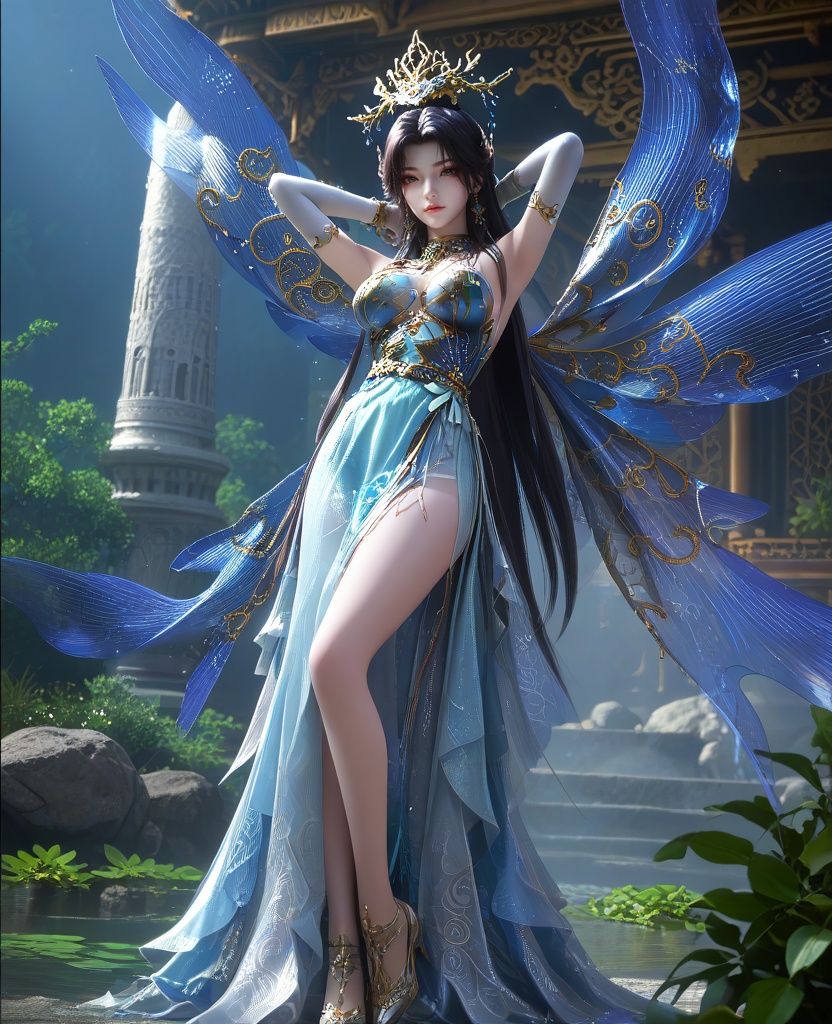(oriental architecture, elegant decor, sophisticated style:1.1),(Thighs parted, arms raised,:1.1),Medium long shot,(large breasts:1.2),shoes,<lora:XL16云深不知梦羲和罄水珠:0.95>,miss xihe,blue corset tiered gown,mole under left eye,black hair,traditional chinese updo with long front strands,absurdly long hair,hair ornament,jewelry,elbow gloves,fairy wings,bracelet,bare shoulders,, score_9,score_8_up,score_7_up,score_6_up,score_5_up,score_4_up,3d rendering,tag1,tag2, Cinematic Lighting,backlighting,