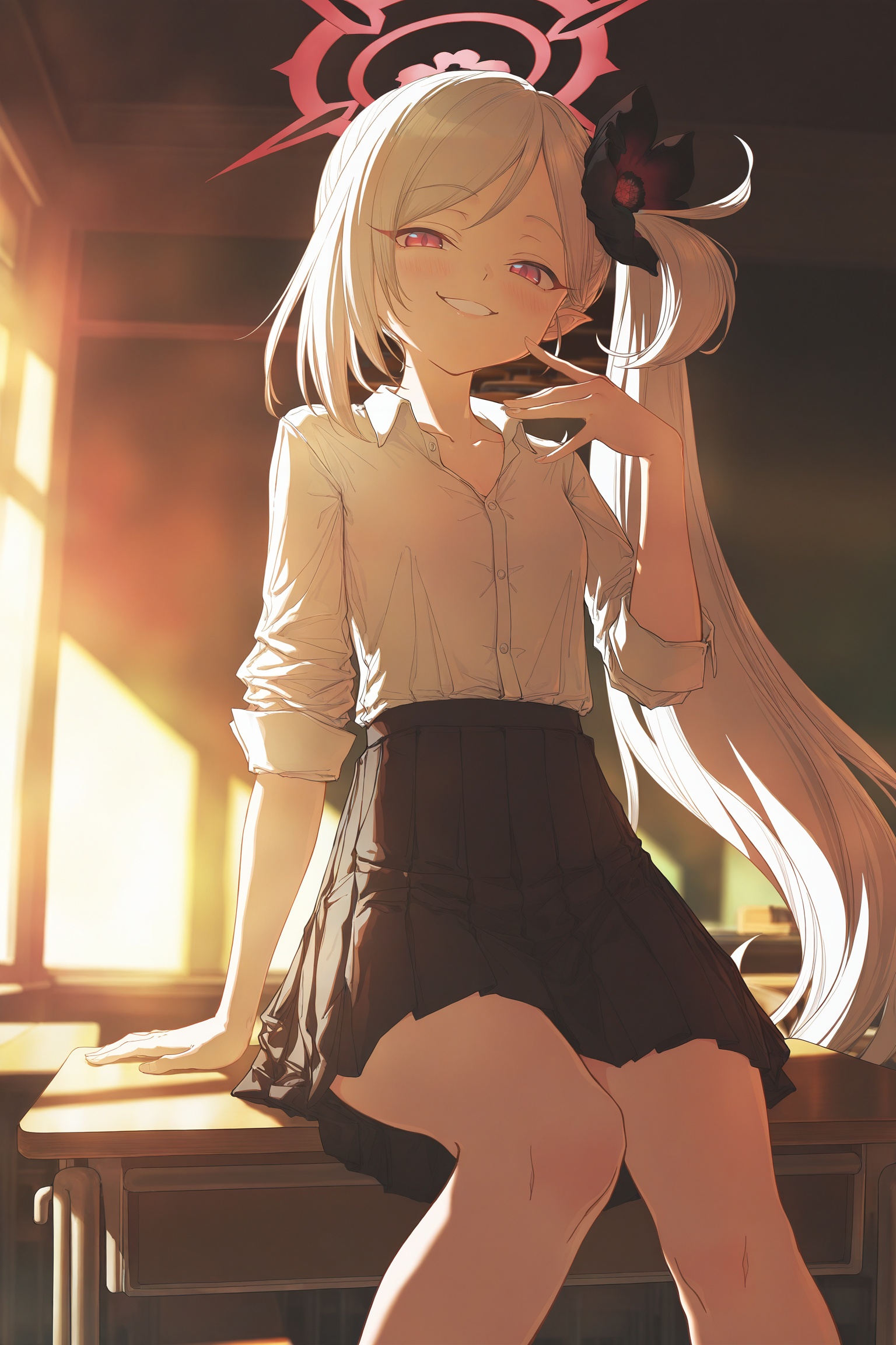 blue archive,mutsuki (blue archive),1girl,long hair,white hair,side ponytail,pointy ears,red eyes,halo,red halo,smile,smug,looking at viewer,sitting,on desk,school desk,desk,white shirt,shirt,shirt tucked in,skirt,pleated skirt,black skirt,flower,black flower,solo,classroom setting,soft lighting,rim light,glowing halo,ambient glow,warm atmosphere,detailed background,masterpiece,best quality,<lora:光辉V1正则miv4t画风V4-000012:0.8>,mivhuafeng,