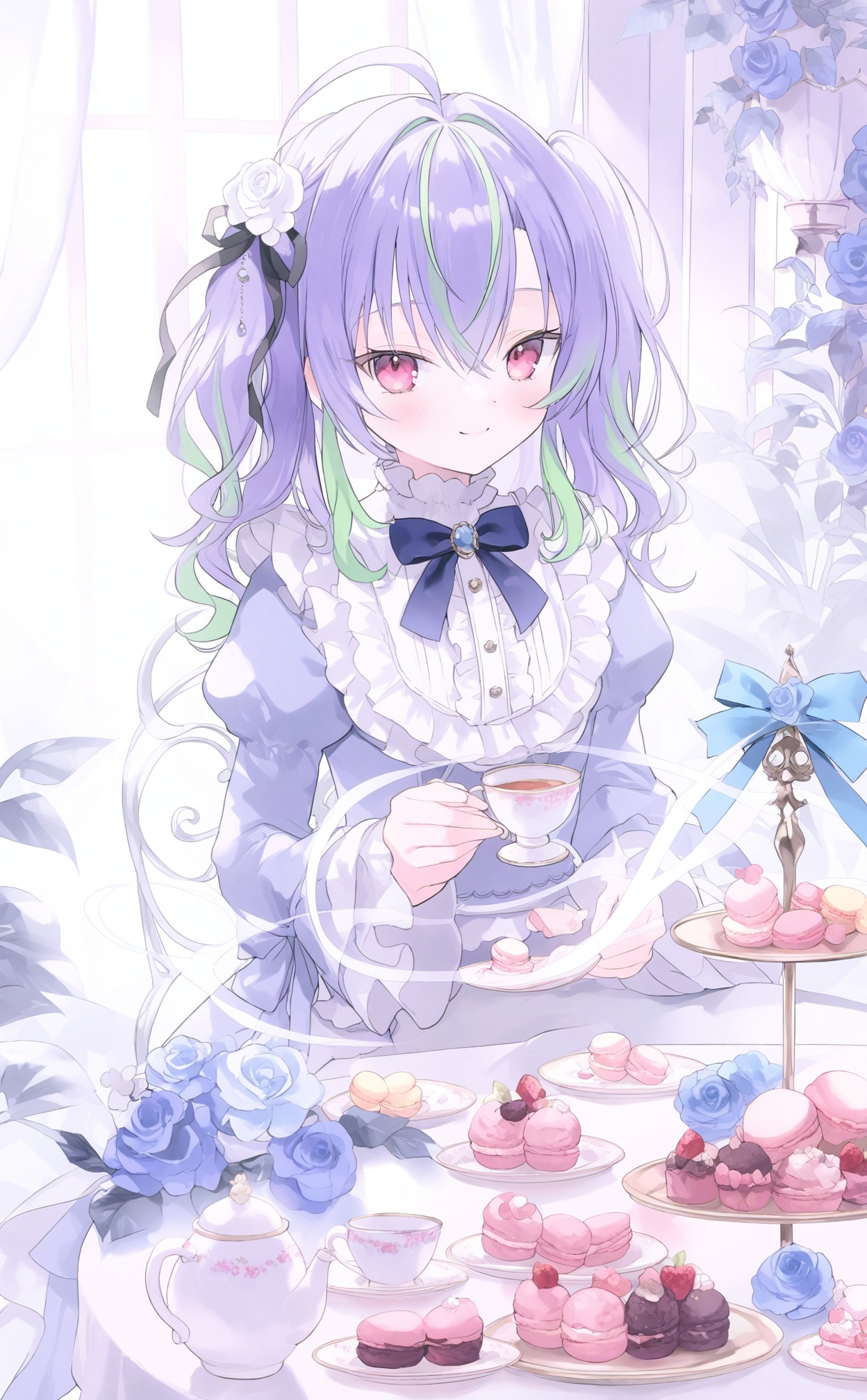 masterpiece,absurdres,best quality,loli,petite,high quality,chromatic_aberration,//,macaron, tiered_tray, cup, flower, holding, food, holding_cup, teacup, 1girl, rose, green_hair, hair_flower, multicolored_hair, white_rose, teapot, smile, hair_ornament, dress, frills, ribbon, looking_at_viewer, juliet_sleeves, pink_eyes, cake, white_flower, ahoge, cupcake, purple_hair, blue_rose, dessert, virtual_youtuber, sweets, long_sleeves, blue_flower, solo_focus, tea, closed_mouth, table, long_hair, bow, saucer, hair_between_eyes, twintails, hair_ribbon, puffy_sleeves, solo, window, lolita_fashion, sitting, center_frills, two_side_up, plate, blue_bow, blue_hair, black_ribbon, bowtie, blue_bowtie//,<lora:guimao2025.10.24——【noob】hans:1>,