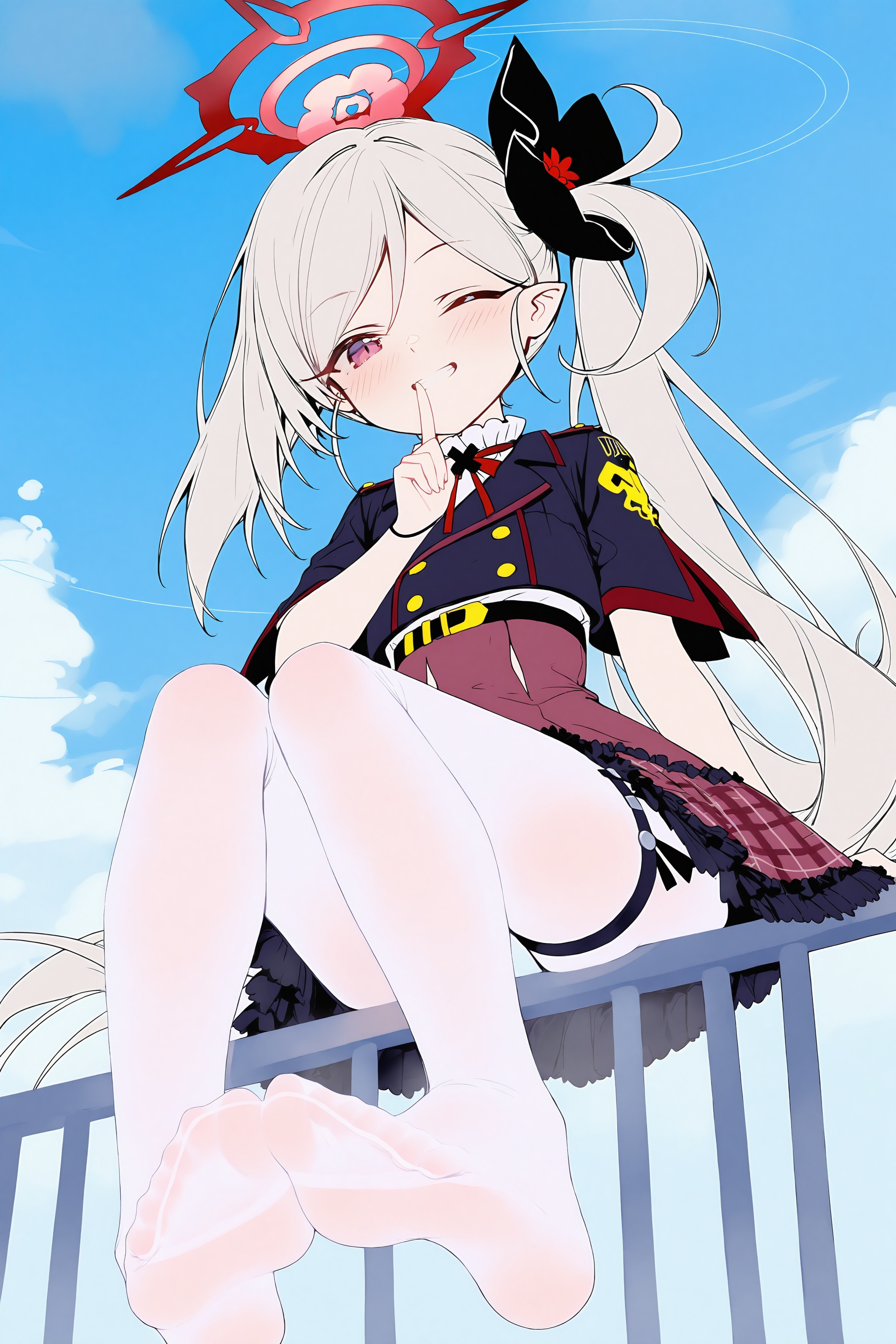 <lora:nai4.5zhengliu-ckxl0.2_v2:0.9>,high resolution,aesthetic,excellent,medium resolution,newest,year 2025,1girl,mutsuki \(blue archive\),halo,solo,feet,one eye closed,long hair,no shoes,toes,smile,side ponytail,skirt,sitting,soles,looking at viewer,on railing,red skirt,pantyhose,red halo,index finger raised,from below,red eyes,finger to mouth,grey hair,short sleeves,hair ornament,legs,very long hair,grin,shushing,sky,railing,pointy ears,outdoors,blush,hair flower,thighhighs,white pantyhose,black shirt,frills,frilled skirt,cloud,shirt,flower,foreshortening,foot focus,thigh strap,jacket,white hair,day,full body,black jacket,blue sky,plaid skirt,hair scrunchie,