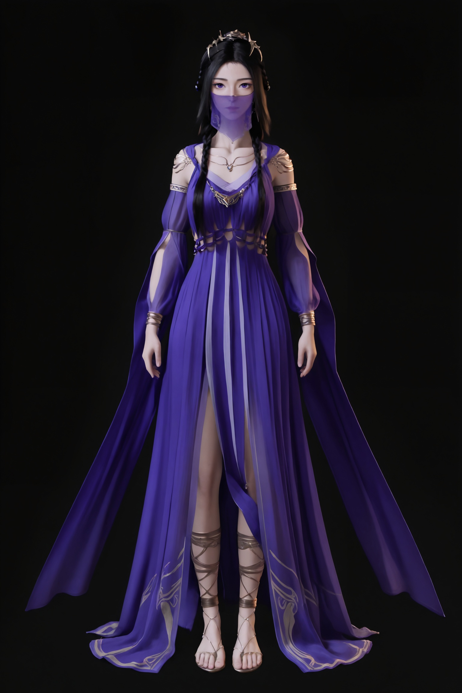black background,standing,looking at viewer,1girl,zl\(frxxz\),black hair,long hair,hair bun,braid,mouth veil,veil,jewelry,see-through,necklace, purple dress, detached sleeves, toes,anklet,barefoot sandals \(jewelry\),