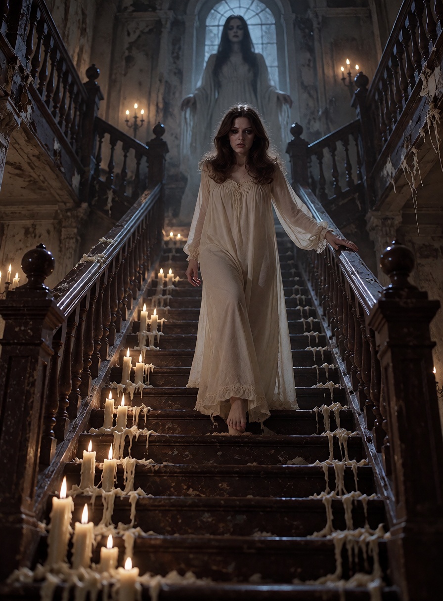 .A beautiful ***** woman wearing a flowing ivory nightgown descends an enormous decaying Victorian staircase,  dozens of c...