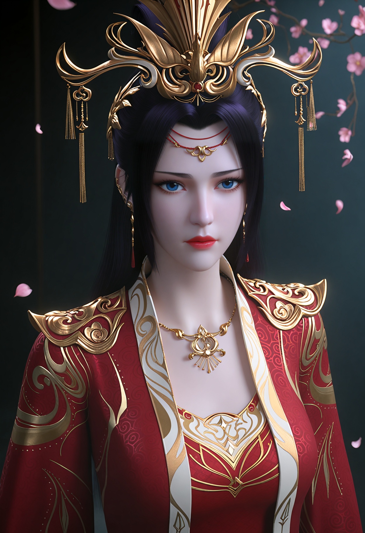 (full_body:1.1),(looking_at_viewer:1.1),(masterpiece:1.1),(best quality:1.2),(intricate details),(smog:1.3),(Dark room:1.3),(dim lighting:1.3),peach blossom,falling petals,<lora:YQ_Illustrious光辉v5_云韵婚纱_V1:0.8>,q1528437228,solo,1girl,jewelry,long_hair,hair_ornament,black_hair,necklace,earrings,blue_eyes,dress,red_dress,chinese_clothes,long_sleeves,realistic,wide_sleeves,purple_hair,breasts,hair_rings,circlet,red_lips,armor,masterpiece,(best quality),(intricate details:0.9) BREAK (intricate details:0.9),(realistic skin:1.2),masterpiece,best quality,newest,absurdres,hiahres,