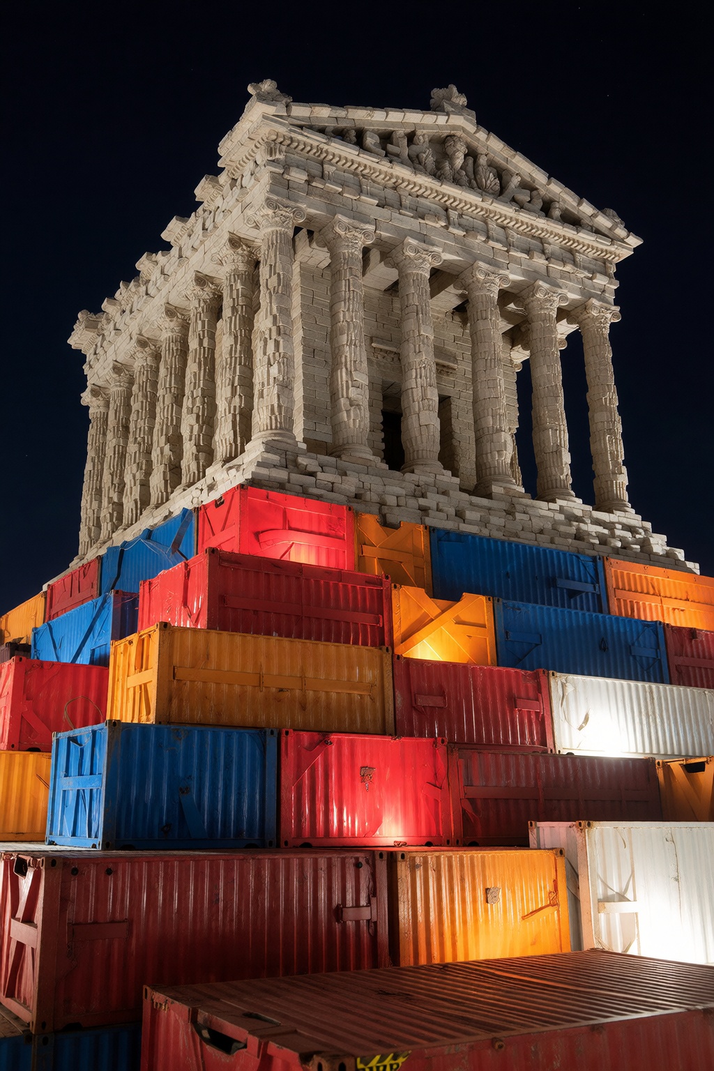 A classical temple constructed from thousands of small stacked rectangular blocks sits atop a massive,  stepped pyramid of...