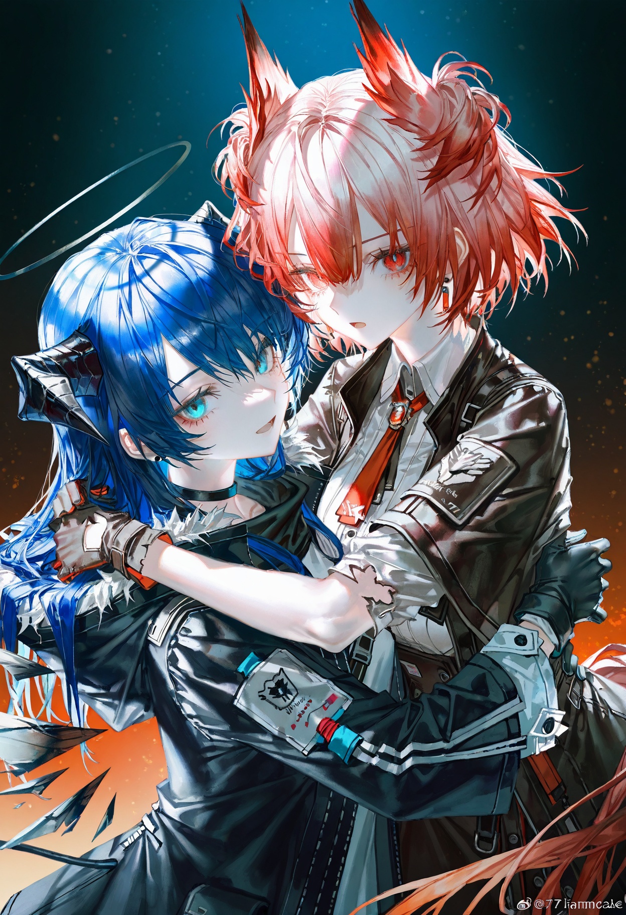 (artist:onineko:0.826446),artist:hito komoru,(artist:quasarcake:1.1),(artist:reoen:0.826446),artist:machi,(7769:1.21),luren max,arknights,fiammetta \(arknights\),mostima \(arknights\),2girls,black choker,black gloves,blue brooch,blue eyes,blue hair,choker,demon horns,demon tail,detached wings,earrings,gloves,hair between eyes,halo,head wings,horns,hug,jewelry,long hair,looking at viewer,multiple girls,open mouth,pointy ears,red eyes,red hair,tail,torn clothes,torn gloves,weibo watermark,wings,yuri,