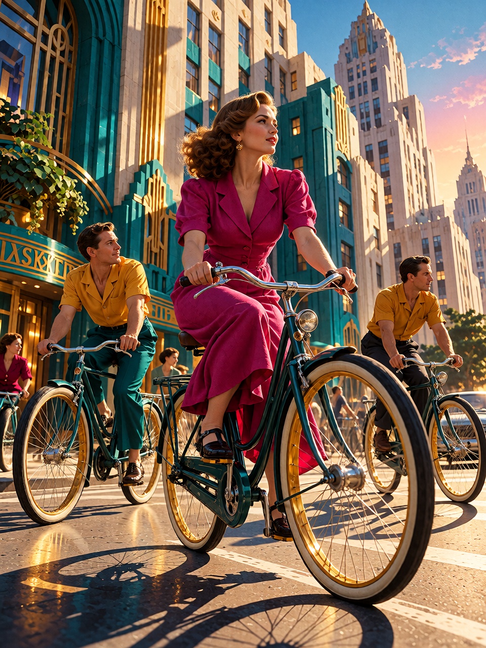 A small group of young ***** cyclists riding together through a grand city boulevard,  viewed from a low angle,  with step...