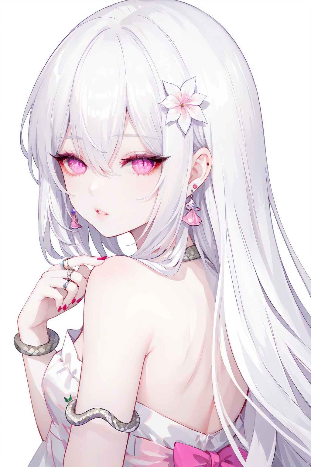 1girl,jewelry,white hair,ring,snake,white background,hair ornament,looking at viewer,flower,earrings,simple background,solo,white snake,bangs,pink eyes,bare shoulders,hair between eyes,pink flower,upper body,looking back,nail polish,parted lips,pink nails,long hair,