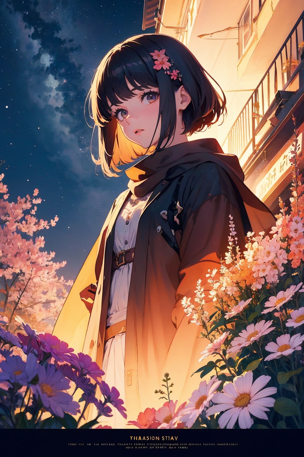 (Best quality), (masterpiece), (detailed details), movie poster, the rendered night sky is full of mystery and magic, as if in the distant space. Bright stars, or dense or sparse, like a pearl inlaid on the sky. The sky is full of flowers, cute and detailed digital art, and anime illustrations,
