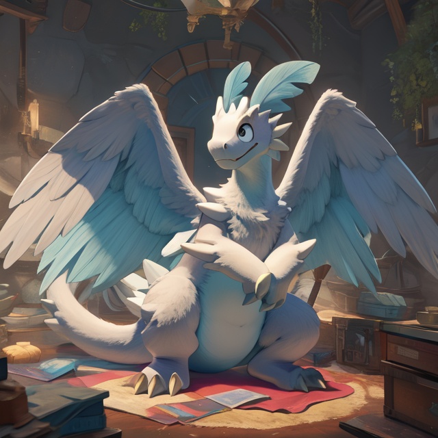 quivern,absurdres,full body,white wings,feathered wings,<lora:quivern:0.8>,fur,(3 toes:1.2),cartoon,
