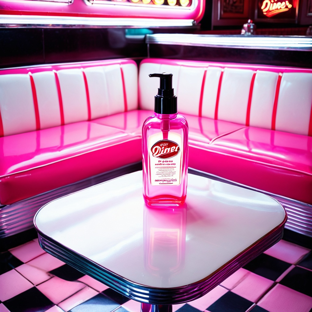 sceneretrodiner,  a glass skincare bottle,  retro diner booth table on Tensor.Art