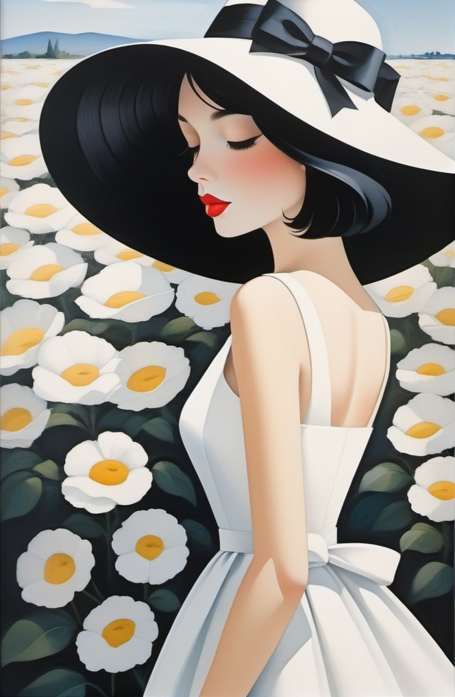 <lora:inset02-000016:0.6>，1girl, solo, breasts, blush, short hair, bangs, black hair, hat, dress, cleavage, medium breasts, closed mouth, standing, collarbone, closed eyes, flower, sleeveless, white dress, makeup, sleeveless dress, shadow, white headwear, floral print, white flower, lipstick, facing viewer, sun hat, arms at sides, red lips, sundress
