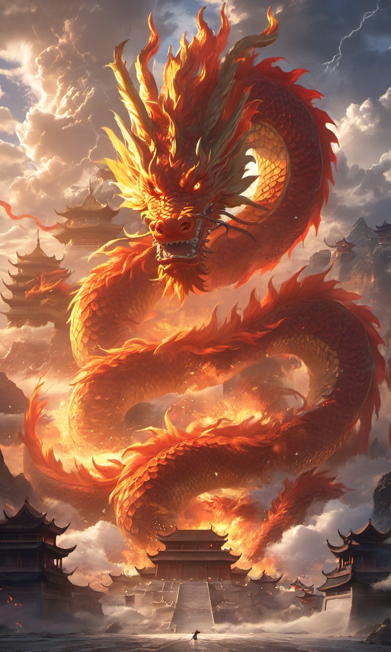 Arien view,In the fantasy world,Traditional Chinese architecture,fire dragon,cloud,sun,sky,mountain, thunder