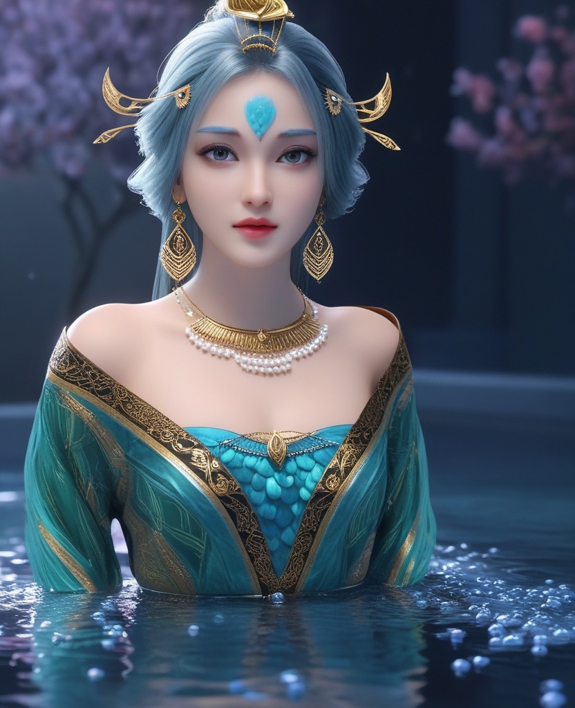 <lora:571-DA-XL-眷思量-奉眠:0.8>(,1girl, ,best quality, ),looking at viewer,  ,ultra detailed background,ultra detailed background,ultra realistic 8k cg,, ,masterpiece,((((1girl, solo,  , solo focus, ,walking on liquid, ))))    (cleavage), (), ,ultra realistic 8k cg,   clean, masterpiece,     cinematic lighting, cinematic bloom, , (( , )),,  , unreal, science fiction, luxury, jewelry, diamond, gold, pearl, gem, sapphire, ruby, emerald, intricate detail, delicate pattern, charming, alluring, seductive, erotic, enchanting, hair ornament, necklace, earrings, bracelet, armlet,,