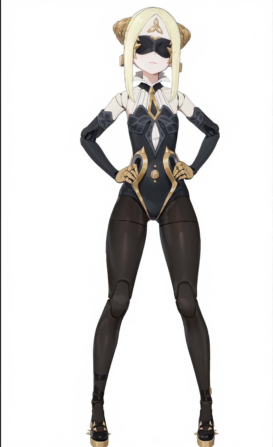 8k, best quality, masterpiece, (ultra-detailed), (high detailed skin), (white background:1.4), (full body:1.3), (simple background), standing, looking at viewer, (solo), hands on hips, <lora:qianren-A3-Tanger-000010:0.7>, qianren, qianren's def clothes, 1girl, blindfold, blonde hair, pantyhose, joints, black shoes, (beautiful_face), ((intricate_detail)), clear face, ((finely_detailed)), fine_fabric_emphasis, ((glossy)), full_shot, 