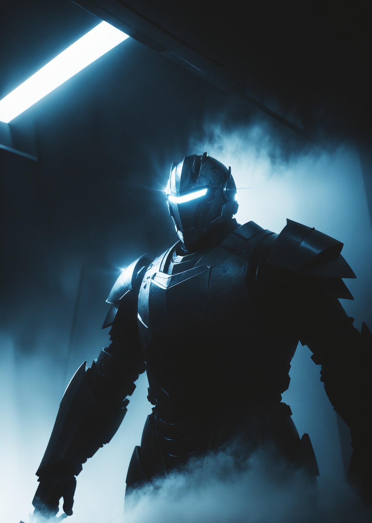 fog,blue light,from below,indoors,(solo male,glow heavy machinery armor:1.2),cowboy shot,the lighting creates a serene and contemplative mood,the overall tone is minimalist and moody,<lora:lora.by_tusi:0.8>,