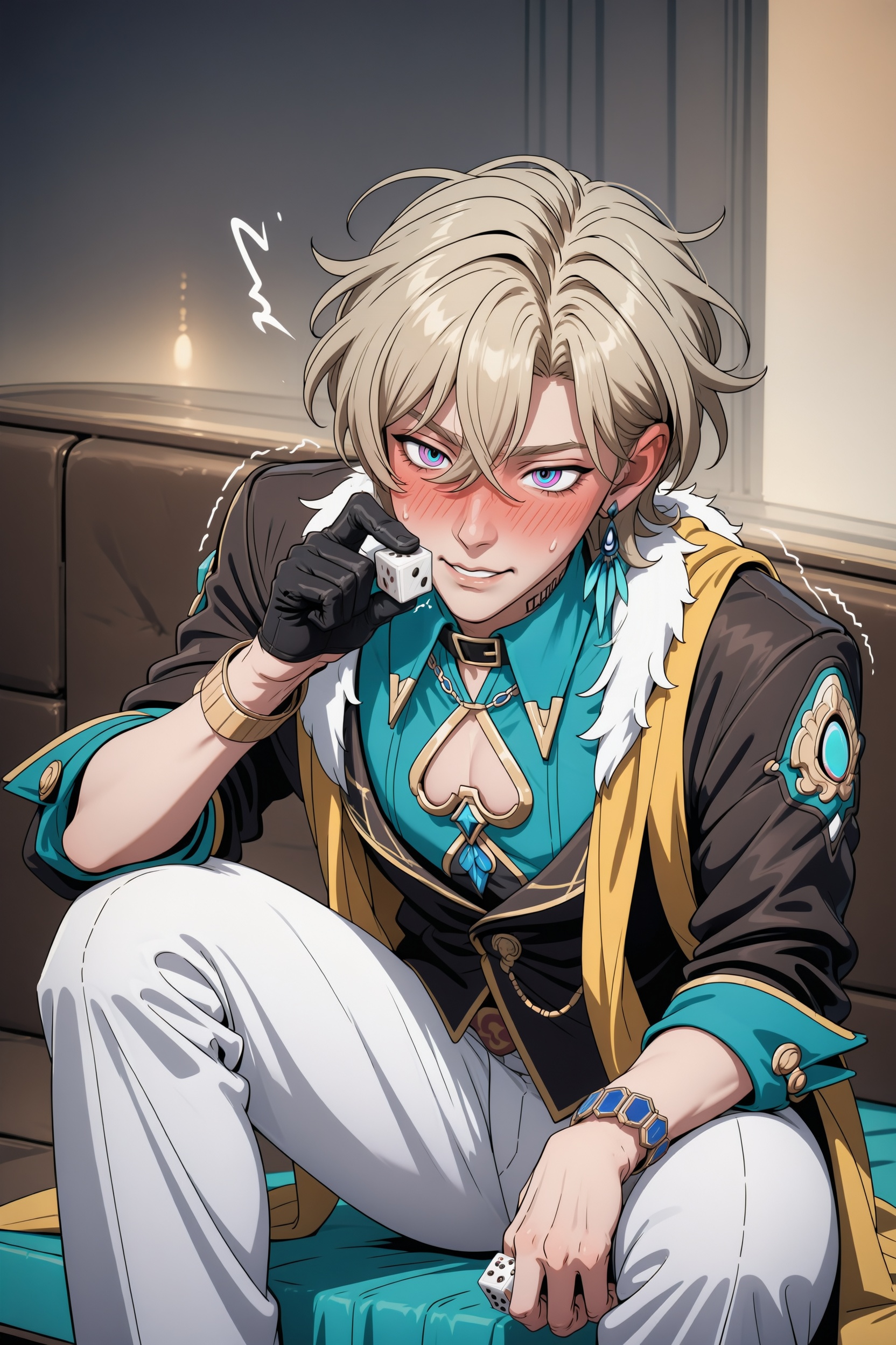 .,.,general,.,.,solo,feet out of frame,full-face blush,messy hair,twitching,trembling,1boy,aventurine \(honkai: star rail\),holding dice,