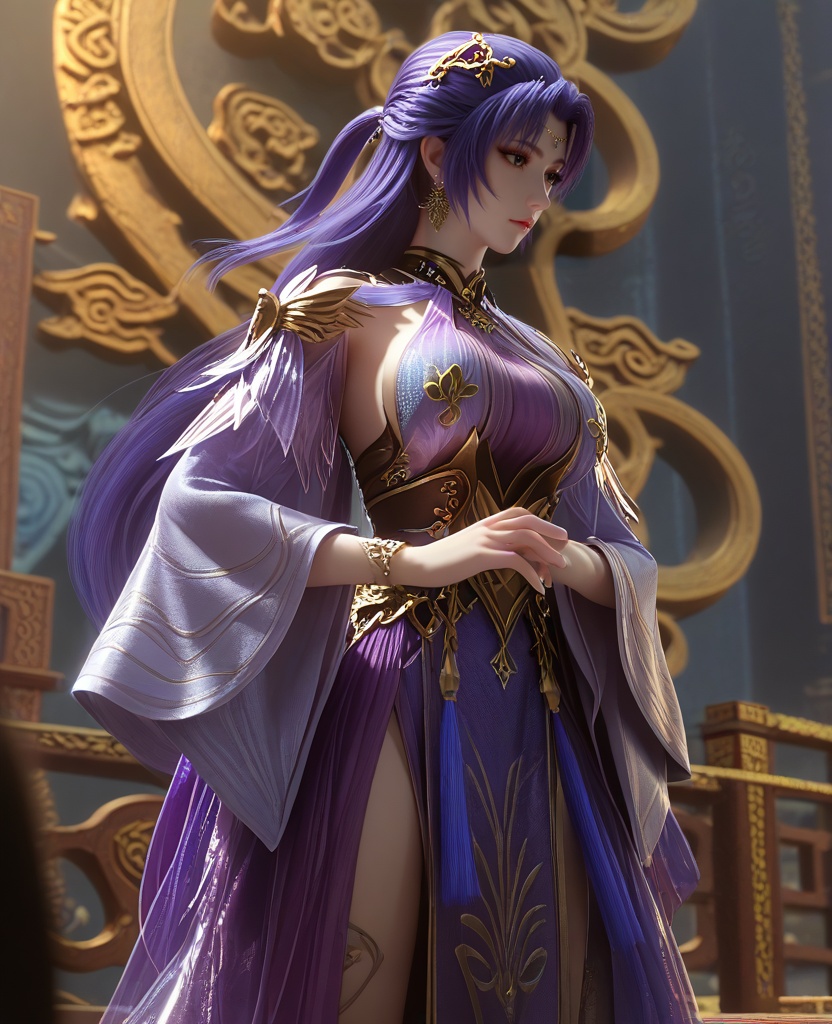 (Standing with hands clasped in front, looking serene:1.1),(large breasts:1.2),<lora:XL16云深不知梦叶青梧:0.95>,miss yeqingwu,violet panel dress,purple hair,half-up ponytail style,long hair,hair ornament,earrings,jewelry,wide sleeves,sash,, score_9,score_8_up,score_7_up,score_6_up,score_5_up,score_4_up,3d rendering,tag1,tag2, Cinematic Lighting,backlighting,