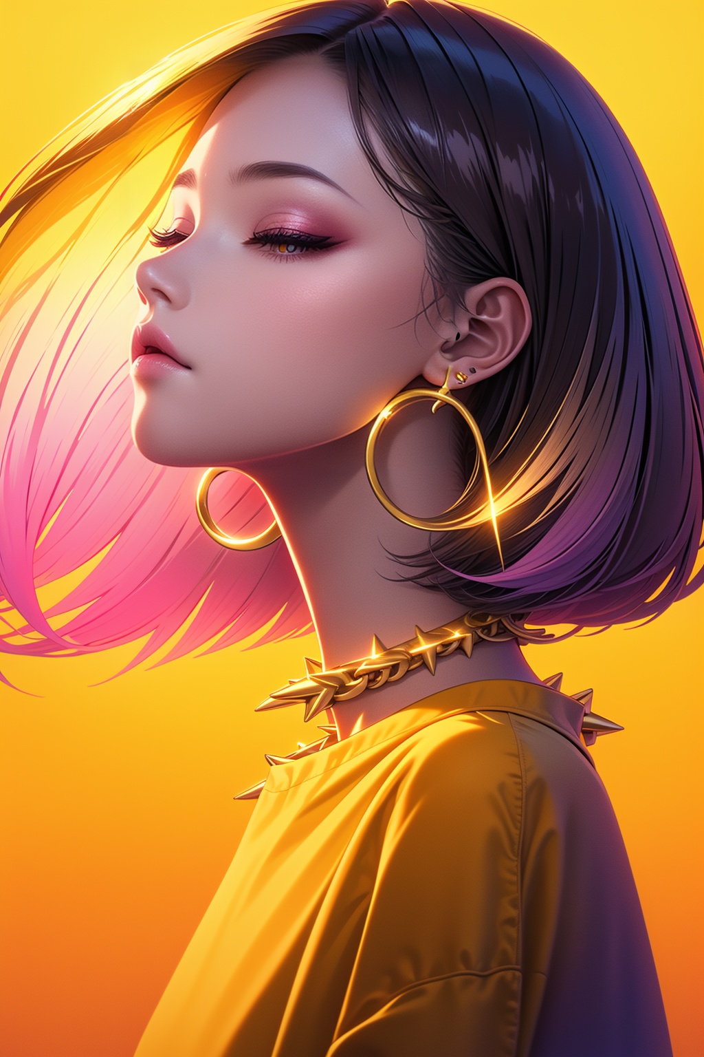 QXHTX,(backlight:1.3),1girl,solo,white hair,upper body,yellow casual wear,jewelry,long hair,chain,earrings,necklace,gold chain,spiked collar,ear piercing,chain necklace,<lora:QXHTX_20240412134359-000008>,