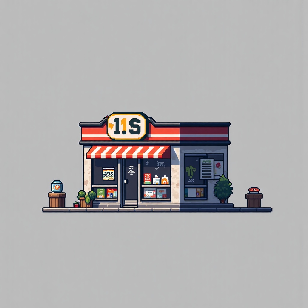 XSJZ,XSJZ,Pixel Art,grey background,a convenience store,looking down,Front view,front view,