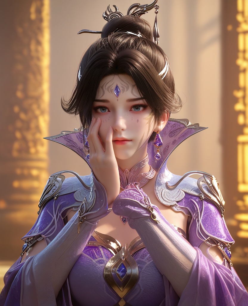 (Hands on face, covering eyes,:1.1),looking at viewer,(large breasts:1.2),<lora:XL16云深不知梦白璃:0.95>,miss baili,purple tiered gown,blue eyes,facial mark,forehead jewel,black hair,hair ornament,single hair bun,earrings,jewelry,high collar,necklace,, score_9,score_8_up,score_7_up,score_6_up,score_5_up,score_4_up,3d rendering,tag1,tag2, Cinematic Lighting,backlighting,