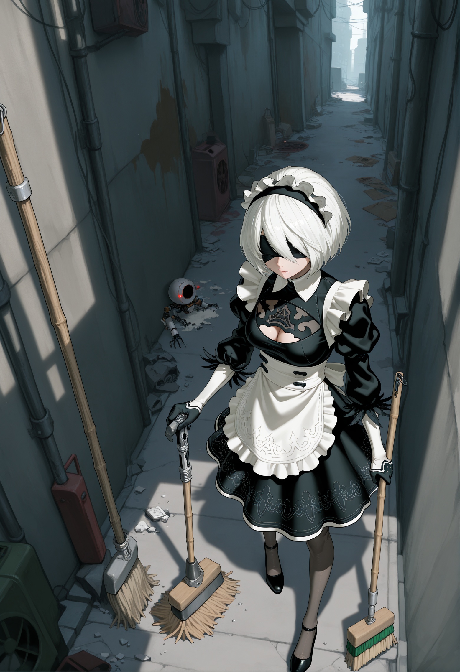 masterpiece,best quality,amazing quality,very aesthetic,absurdres,newest,1girl,2b \(nier:automata\),chaotic scene,broken scene,a messy alley,maid,sweeping,broom in hand,from_above,