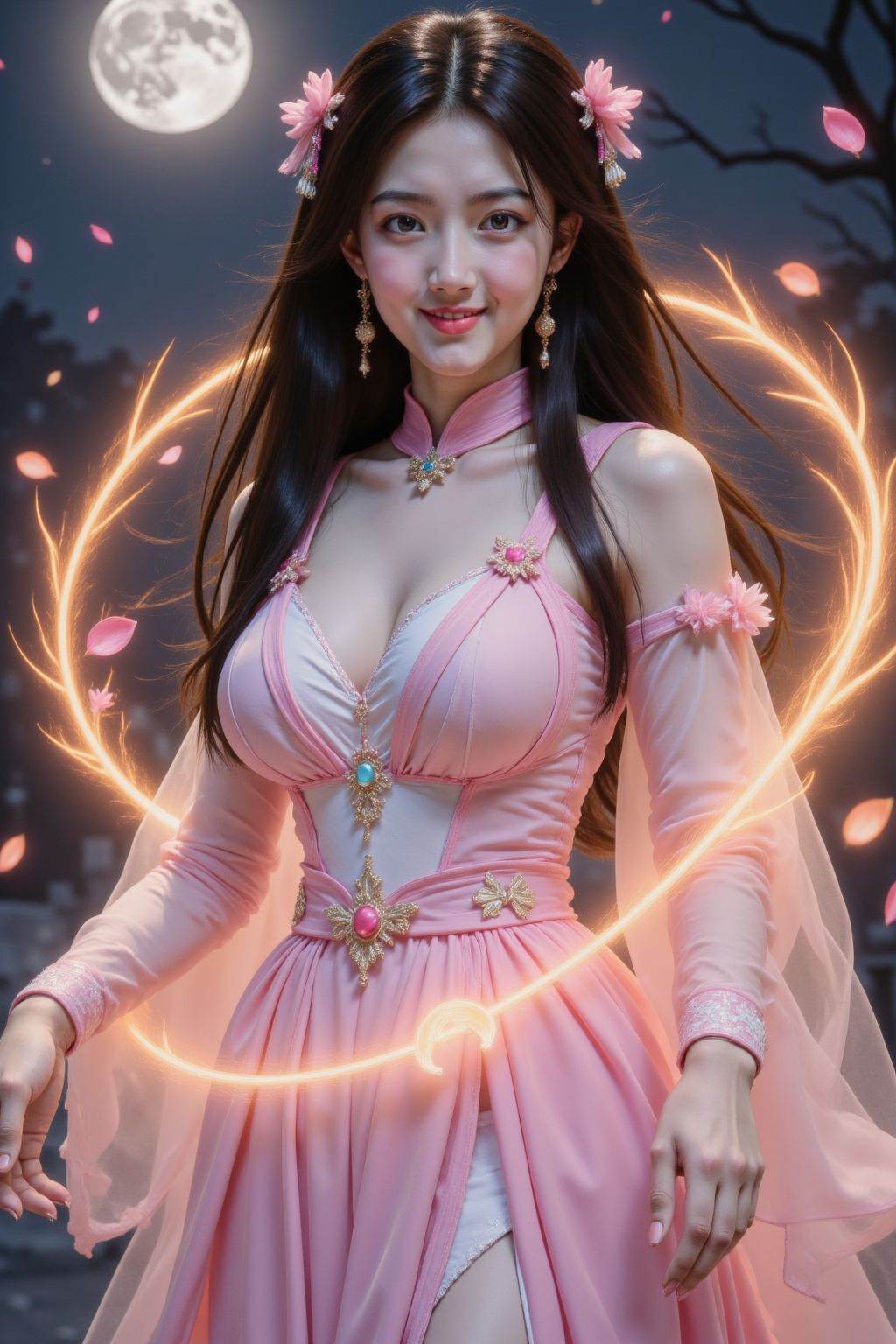 The image depicts a young woman standing in a nighttime setting, surrounded by a full moon and floating cherry blossoms. She is dressed in a flowing, elegant pink gown adorned with delicate floral patterns and a large, ornate belt, smile, large breasts, Her long, dark hair is styled with small pink flowers, complementing the overall ethereal appearance. Around her, there are glowing, golden-yellow magical energy trails that seem to emanate from her hands, creating a mystical aura. The background features a serene night sky with scattered cherry blossoms, enhancing the dreamy and magical atmosphere of the scene.