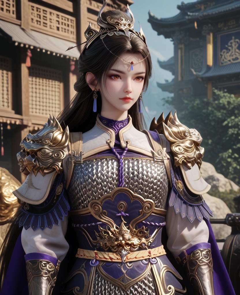 (oriental architecture, elegant decor, sophisticated style:1.1),(camping:1.1),(breasts:1.2),<lora:XL16牧神记虞渊初雨:0.95>,female general,white armor,orange eyes,forehead pendan,black hair,very long hair,half-up braid with long cascading hair,earrings,pauldrons,vambraces,sash,faulds,purple cape,jambeau,, score_9,score_8_up,score_7_up,score_6_up,score_5_up,score_4_up,3d rendering,tag1,tag2, Cinematic Lighting,backlighting,