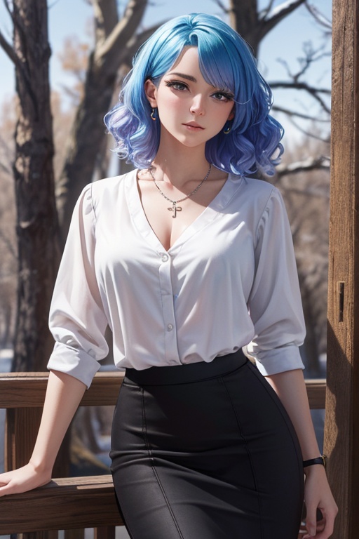 masterpiece,ultra realistic,32k,extremely detailed CG unity 8k wallpaper, best quality,(winter day ),lady ,necklace ,eardrop, Yellowstone National Park, United States, ( tiger print Wear a pencil skirt with a silk blouse ) , rainbow hair hair bob hair ,