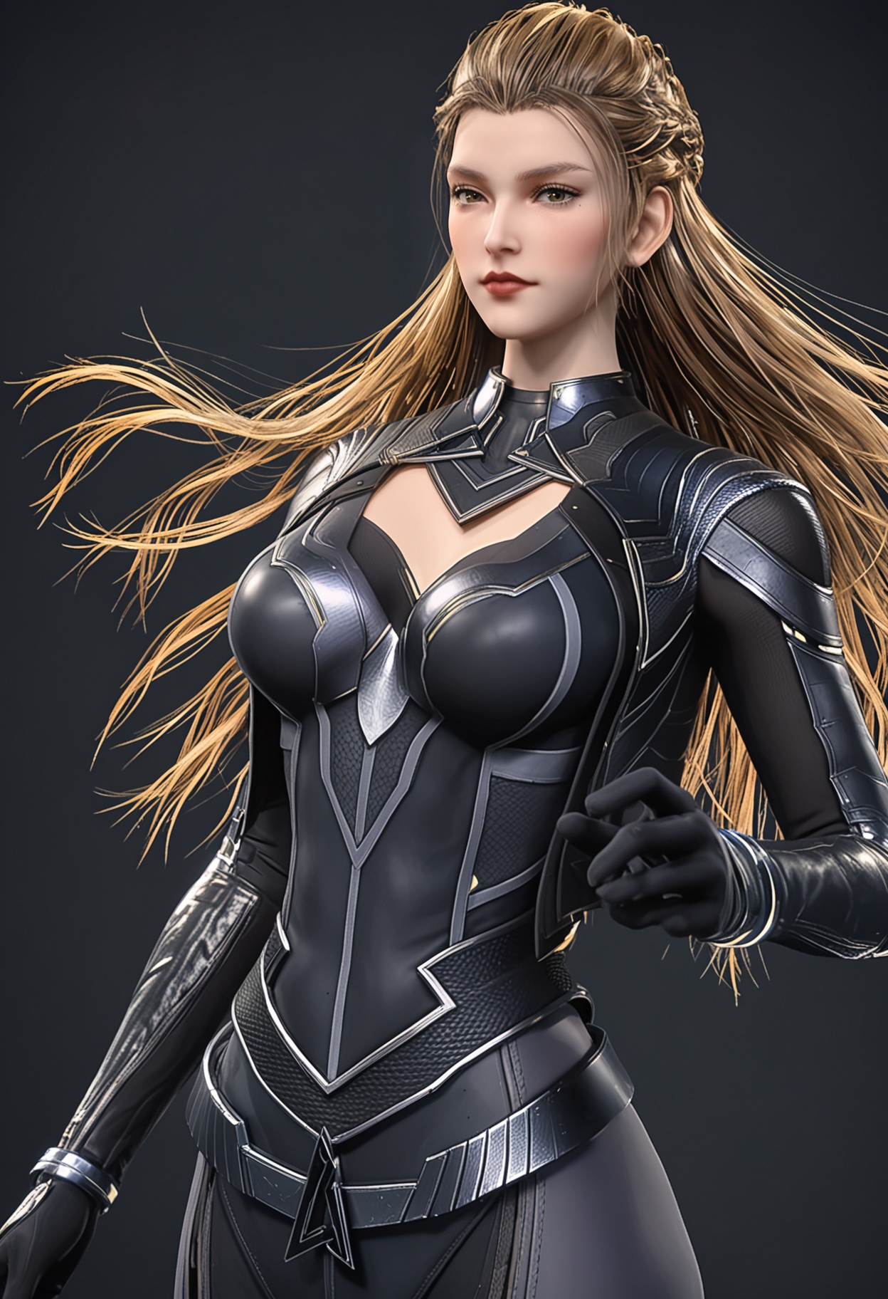 (looking_at_viewer:1.2),upper_body,(gigantic breasts:0.6),(slender:1.2),facing viewer,<lora:YQ_pony_raoyao_richangfuzhuang_V4:0.8>,q1528437228,1girl,solo,long hair,armor,brown hair,bodysuit,brown eyes,gloves,blonde hair,braid,mole under eye,black bodysuit,boots,grey hair,black hair,jewelry,black gloves,blue eyes,bracelet,belt,green eyes,high heels,(simple background,pure black background,black background:1.1),perfect_anatomy,