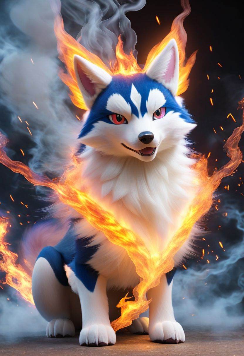 Pokemon (Husky), Fire, Full Body, Smoke, Lightning, HD, Masterpiece, best quality