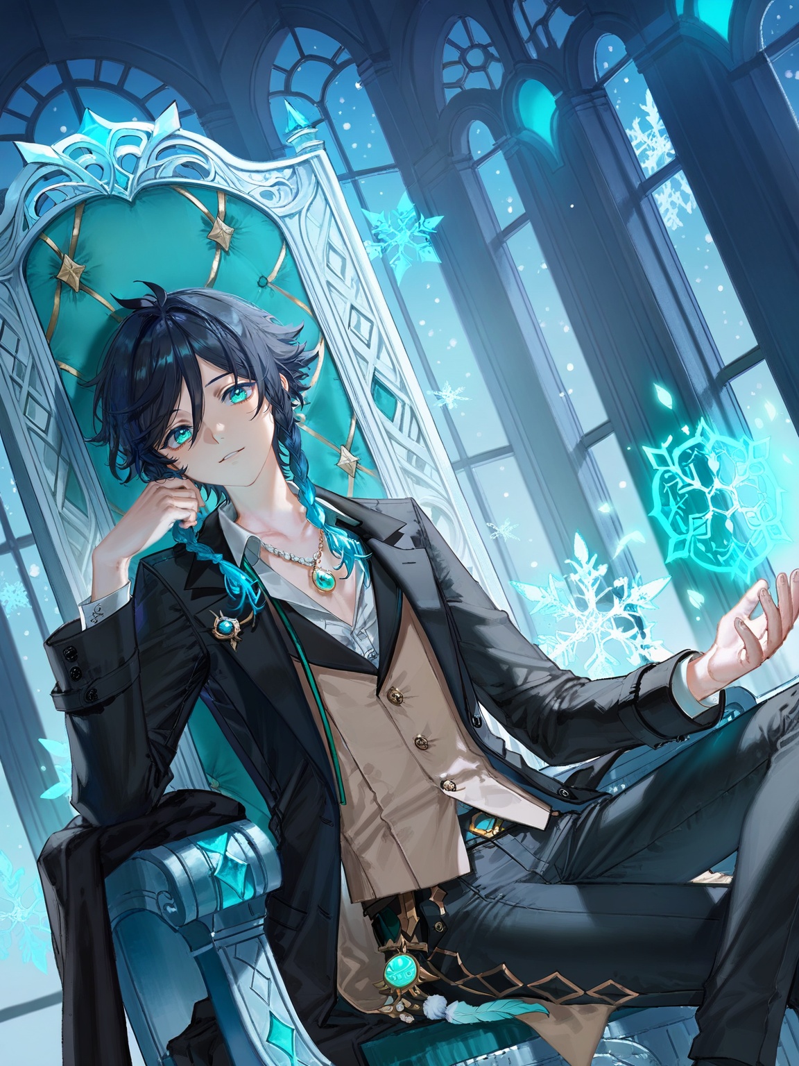 venti (genshin impact),<lora:碧蓝航线立绘12·ILL:0.8>,lihui,official alternate costume,1boy,sitting,male focus,solo,suit coat,jewelry,throne,suit,coat,shirt,pants,looking at viewer,chair,snowflakes,necklace,(quasarcake:0.7),dutch angle,from_side,(cowboy_shot:1.2),