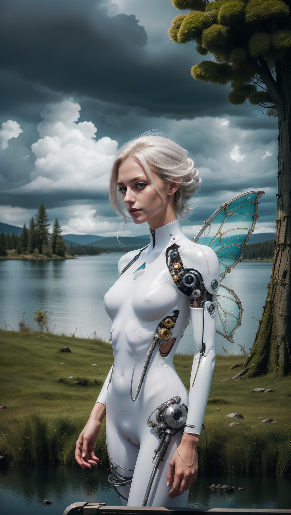 a female android,  athletic,  white hair on Tensor.Art