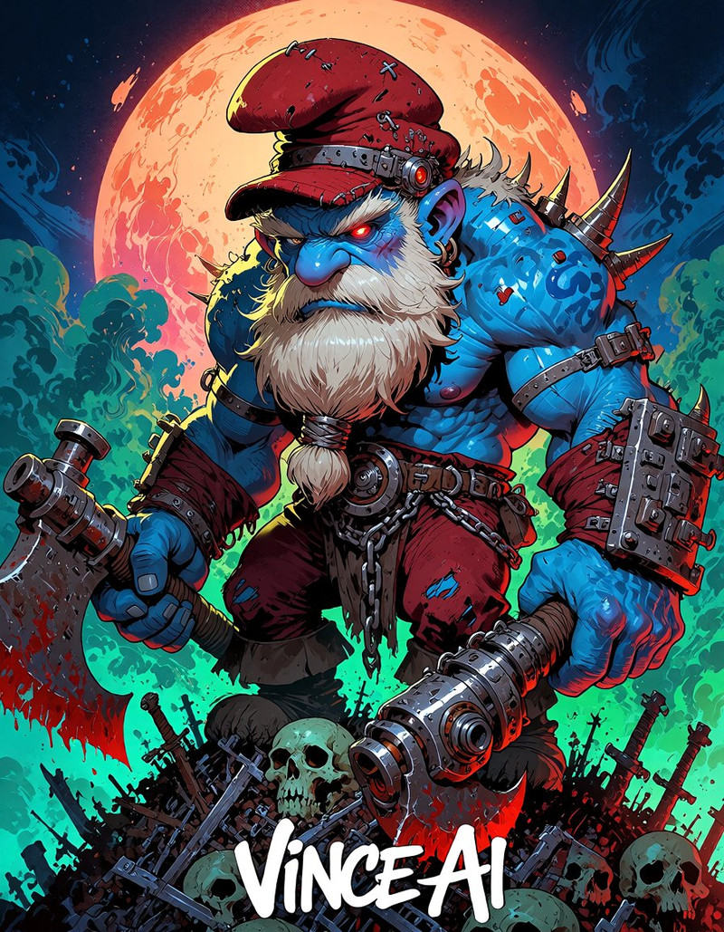 Retro comic-book cover illustration of a colossal old blue-skinned forest warrior resembling an ancient Smurf chieftain,...