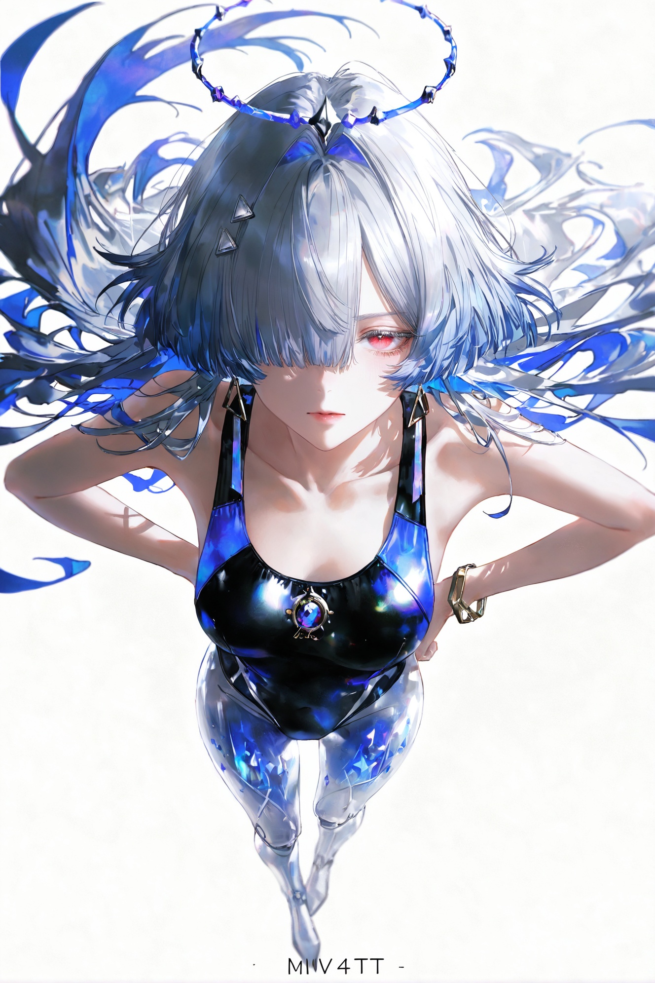 WJBZ,Realistic illustration,simple background,white background,wire,dynamic composition,out-of-focus effect,artistic out-of-focus,retro filter,texture brushstrokes,The edges of the lines are highly saturated and out of focus,accessories,dynamic composition,large perspective,the whole body,(artist:   quasarcake:0.8),depth of field,extreme aesthetic,(wlop:0.6),wanke,rella,wanke,masterpiece,best quality,good quality,newest,year 2024,year 2023,very aesthetic,absurdres,Visual impact,perspective composition,A shot with tension,ultra-high resolution,32K UHD,sharp focus,best quality,masterpiece,Emotionalization masterpiece,unconventional supreme,masterful details,with a high end texture,in the style of fashion photography,(Visual impact:1.2),giving the poster a dynamic and visually striking   appearance,impactful picture,offcial art,colorful,splash of color,movie perspective,masterpiece,best quality,amazing quality,very aesthetic,absurdres,best quality,newest,masterpiece,best quality,good quality,(((artist:Miv4t))),alternate costume,solo,looking at viewer,blush,contemporary,character name,female woman,white background,one_piece_swimsuit,\\\\\\\\\,masterpiece,best quality,1girl,\,\\\\\\\\\,<lora:Mornye-will-Tanger:0.8>,Mornye \(Wuthering Waves\),see-through legs,1girl,halo,jewelry,long hair,hair over one eye,earrings,grey hair,bracelet,red eyes,crotch joints,lower body prosthesis, full body,