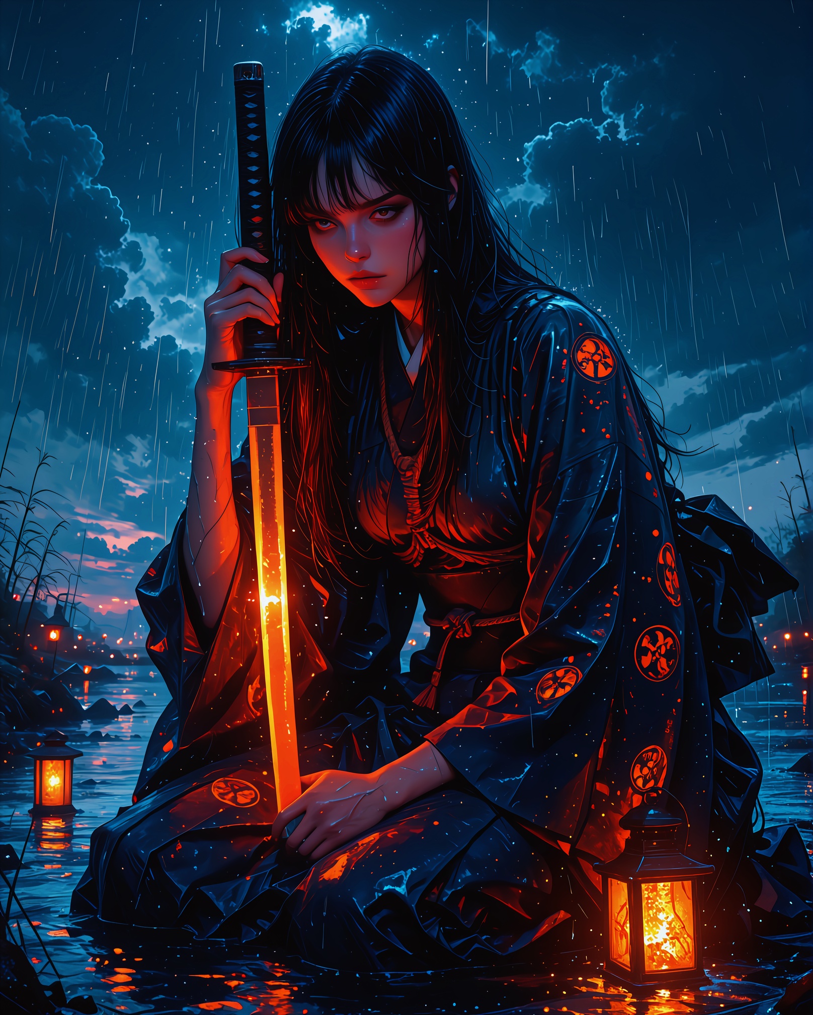 samurai,  solo,  long black hair on Tensor.Art